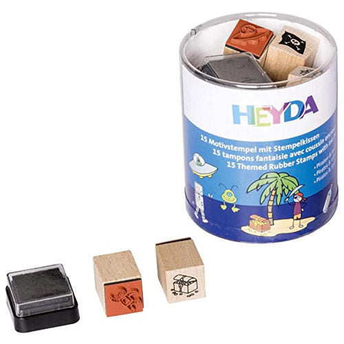 HEYDA set de 15 timbres, diseño de piratas y espacio.