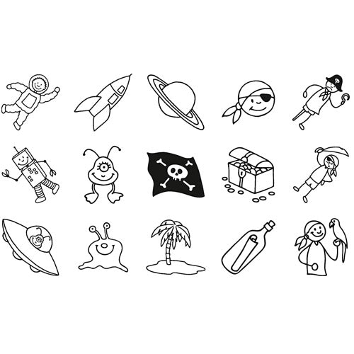 HEYDA set de 15 timbres, diseño de piratas y espacio.