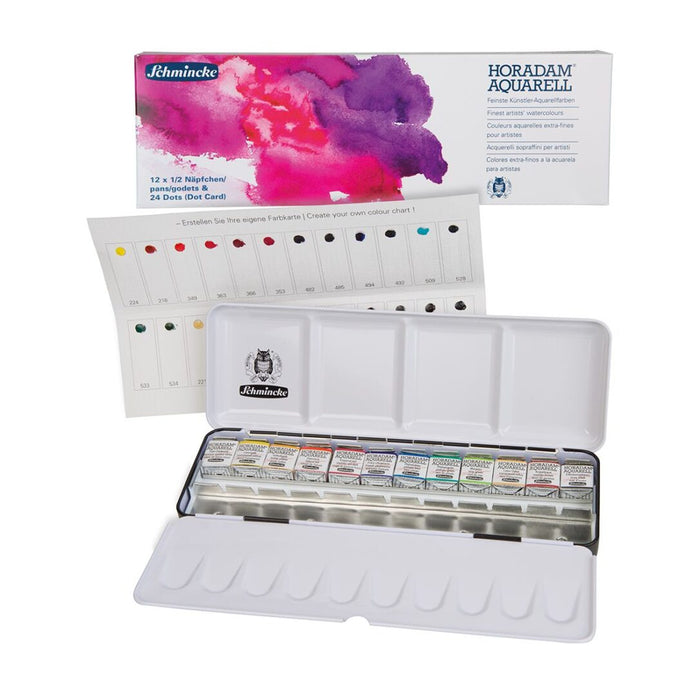 SCHMINCKE Acuarela Horadam caja metálica 12 x 1/2 pan, con muestra de 24 colores